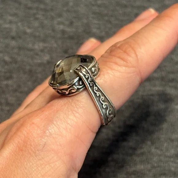 Brighton Square Smoky Quartz Gem Silver Cocktail Ring w Decorative Design, Sz 7 - Picture 2 of 10